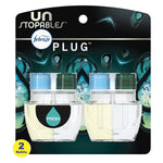 Retail blister pack showing two Febreze Unstopables plug-in refill cartridges with teal-blue graphics and 'fresh' droplet label.