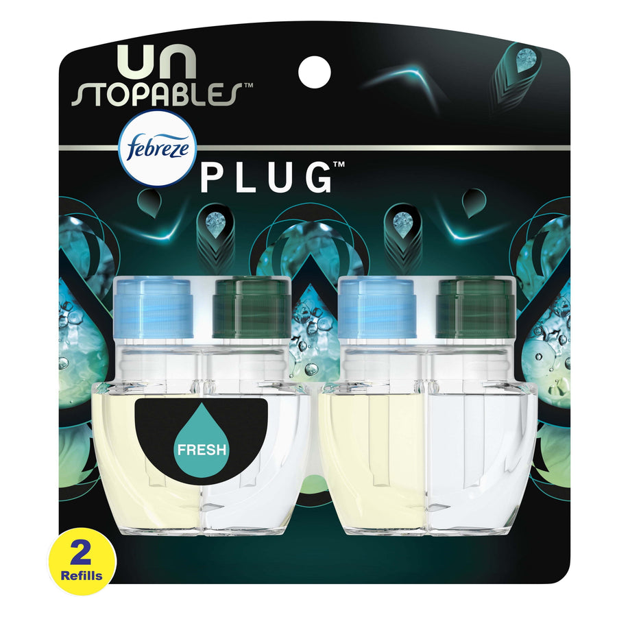Retail blister pack showing two Febreze Unstopables plug-in refill cartridges with teal-blue graphics and 'fresh' droplet label.