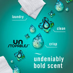 Graphic composition of Febreze Unstopables droplets and laundry imagery with text saying undeniably bold scent