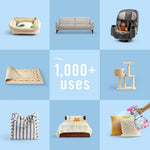 Grid-style infographic showing household items and text '1,000+ uses' with small Febreze bottle image at corner.