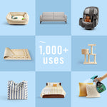 Grid-style infographic showing multiple fabric uses and a small image of Febreze Unstopables Touch fabric spray