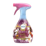Febreze Luxe Fabric Vanilla Suede spray bottle on white background with floral label and 16.9 FL OZ text.