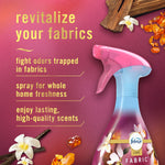 Promotional graphic showing Febreze Vanilla Suede fabric spray with text highlighting revitalizing fabrics and odor-fighting benefits.