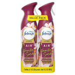 Two Febreze LUXE Vanilla Suede air freshener spray bottles packaged as a value pack with floral label art.