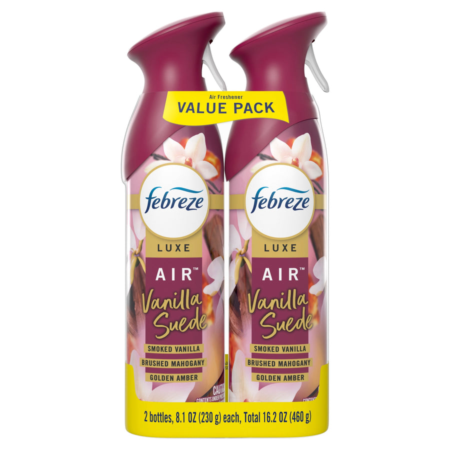 Two Febreze LUXE Vanilla Suede air freshener spray bottles packaged as a value pack with floral label art.
