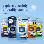 Display of several Febreze Car vent-clip packages in different scents with header text about exploring scents