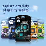 Row of different Febreze Car Unstopables retail packages with Fresh variety highlighted in the center and slogan about quality scents.