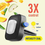 Close-up product shot of a Febreze Car vent clip showing intensity dial graphic labeled ‘3X control’