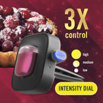 Close-up of the Febreze Car vent clip with intensity dial and cranberry crumble tart background and 3X control text