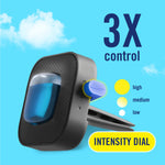Close-up of Febreze Auto vent clip highlighting a three-level intensity dial on a blue sky background