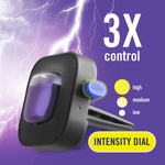 Close-up rendered image of Febreze vent clip with intensity dial and lightning-themed background