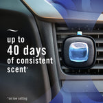 Febreze vent clip attached to a car air vent with overlay text advertising up to 40 days of consistent scent