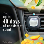 Febreze vent clip attached to a car air vent with text claiming up to 40 days of consistent scent and mango graphics