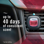 Febreze Car vent clip attached to a car air vent with text stating up to 40 days of consistent scent