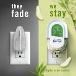 Split graphic showing a generic plug on left and a Febreze plug-in unit on right with text about digital scent control