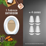 Split graphic showing one Febreze Bathroom device on left and four cone air fresheners on right equating scent intensity