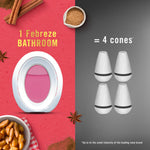Split graphic showing a pink-scented Febreze oval on red background with spices and four cone-style refills on gray side