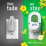 Split promotional image comparing a faded competitor plug on left with a Febreze plug-in on right and text ‘they fade we stay’