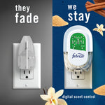 Split graphic comparing a generic fading plug air freshener with a Febreze plug and text they fade / we stay and digital scent control callout.