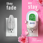 Split image showing a generic faded plug on left and a Febreze plug-in device on right with floral accents and scent-control text