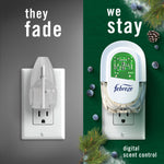 Split graphic comparing a generic fading plug on left and a Febreze plug with circuit board interior on right, surrounded by pine and juniper berries