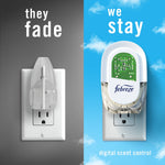 Split graphic comparing a faded generic plug-in on the left and a Febreze plug-in on the right with tagline we stay and digital scent control.