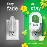 Split graphic comparing a fading generic warmer to a Febreze plug-in with floral accents and text 'they fade / we stay'.