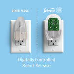 Side-by-side comparison graphic showing Febreze plug on right and another plug on left with 'Digitally Controlled Scent Release'