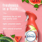 Febreze spray bottle with red trigger shown on pink background with text calling out freshness, features, and watermelon accents