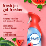 Febreze Air Mist bottle with watermelon imagery and text calling out freshness benefits on pink background