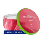 Febreze Sweet Watermelon Vine candle in a pink marbled tin with green rimmed lid, overlay text noting 4 wicks and even burn