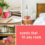 Collage lifestyle images showing Febreze Sweet Watermelon Vine candle placed on tables and nightstand with text ‘scents that fit any room’