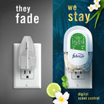 Split visual comparing a generic faded plug-in on left and a Febreze plug-in on right with text 'they fade' and 'we stay'.