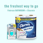 Febreze Bathroom device displayed beside Charmin Ultra Soft toilet paper pack with slogan the freshest way to go