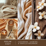 Collage moodboard of cozy knit fabrics, jasmine flowers and vanilla beans labeled 'Feelin' Cozy' with listed scent notes cashmere, jasmine & vanilla bourbon.