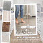 Lifestyle-style image of bare feet and a mop on a hard floor with swatches of different flooring types down the left and product claim text below.