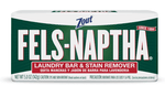 Close crop of a Fels‑Naptha soap box showing large brand name, green background and red laundry bar & stain remover label.