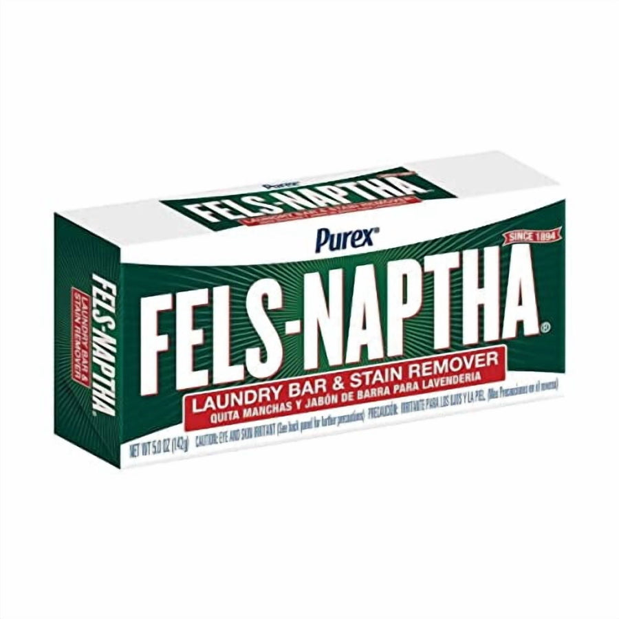 Boxed Fels‑Naptha laundry bar package with prominent green branding and red banner reading laundry bar & stain remover.
