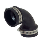 Black Fernco 90-degree rubber elbow coupling with two stainless steel hose clamps on white background