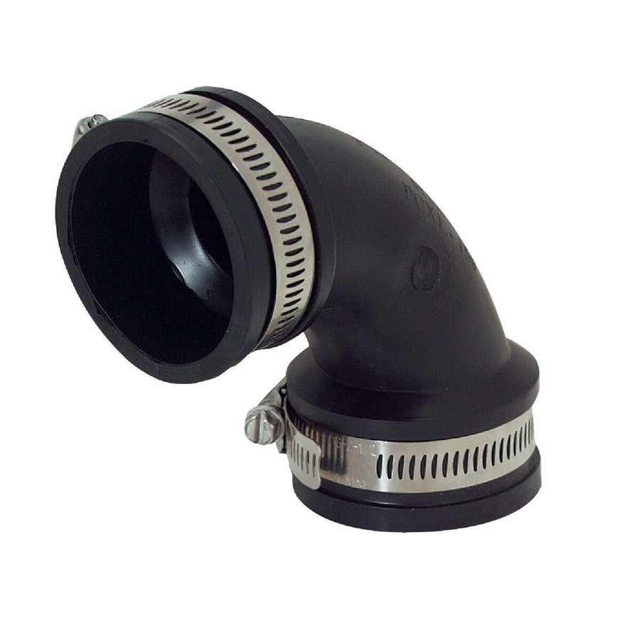 Black Fernco 90-degree rubber elbow coupling with two stainless steel hose clamps on white background