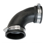 Fernco black flexible 90° rubber elbow coupling with two stainless steel hose clamps and hub ends