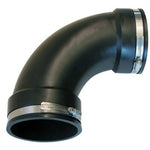 Curved black rubber plumbing elbow with stainless steel adjustable hose clamps, photographed on white