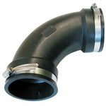 Black Fernco elbow fitting showing molded logo and stainless steel clamp, angled view on white background