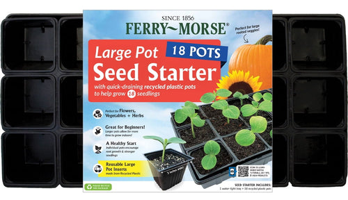 Ferry-Morse branded cardboard label over a black 18-cell seed starter tray with seedlings image