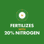 Green infographic stating 'Fertilizes with 20% Nitrogen' with a stylized nitrogen atom icon