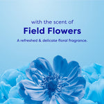 Blue-toned floral graphic with text 'with the scent of Field Flowers' and a short descriptive line on a pale blue background.