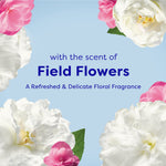 Graphic panel reading “with the scent of Field Flowers” framed by white and pink floral illustrations on blue background