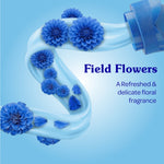 Pouring swirl of light blue fabric softener with blue flower petals and the text ‘Field Flowers’ fragrance description