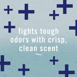 Graphic panel with navy plus signs and text reading ‘fights tough odors with crisp, clean scent’ on textured background