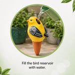 Close-up shot of a yellow bird-shaped terracotta watering spike being filled from a watering can with potted plants blurred behind